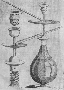 Persian qalyan. 17th century.The first human representation of a hookah. Source: our book.